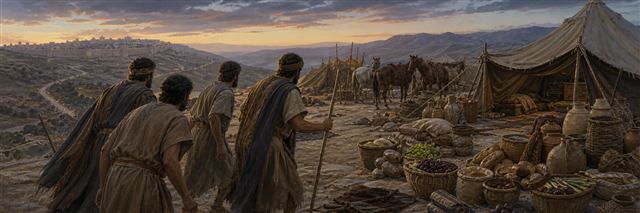 Four outcast men entering an abandoned camp filled with food outside Samaria